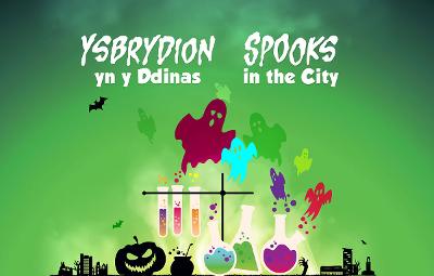 Illustration of cartoon ghosts and scientific equipment.