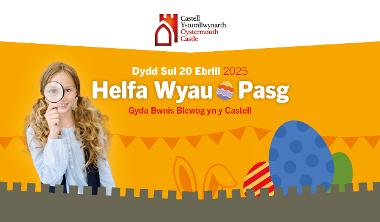 Helfa Wyau Pasg gyda chwningod y castell