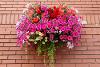 Hanging basket on brick background.