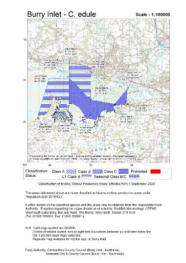 Map of classified cockle beds within the Burry Inlet from CEFAS