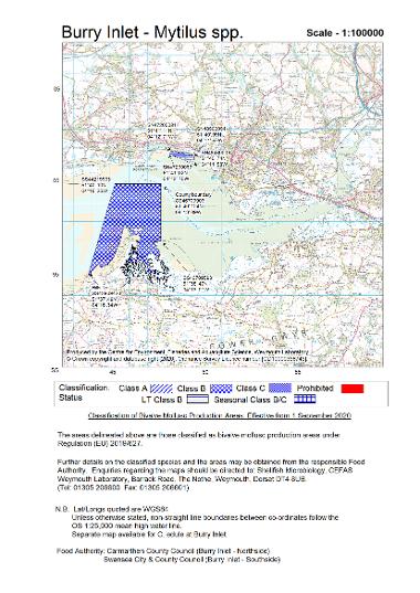 Map of classified mussel beds within the Burry Inlet from CEFAS